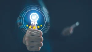 Man doing a thumbs up with a blue ribbon icon in front