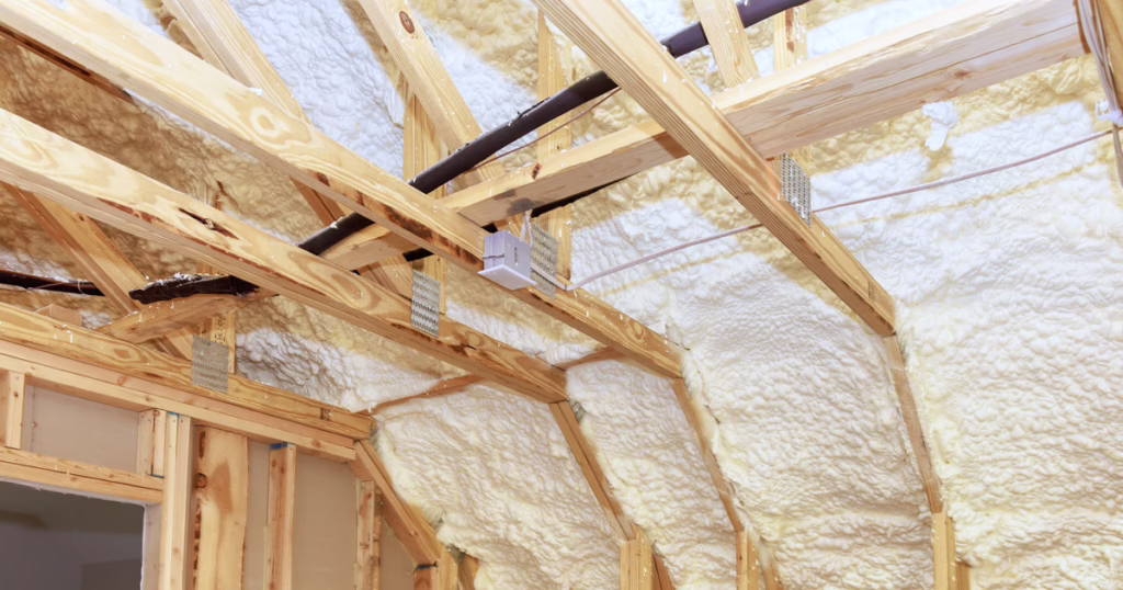 A home's attic insulated with spray foam